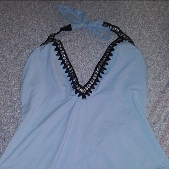 Sexyย Silver Stunning Plunging PaleโBlue One Piece Suit w/Silver Embroidery - Picture 2 of 8
